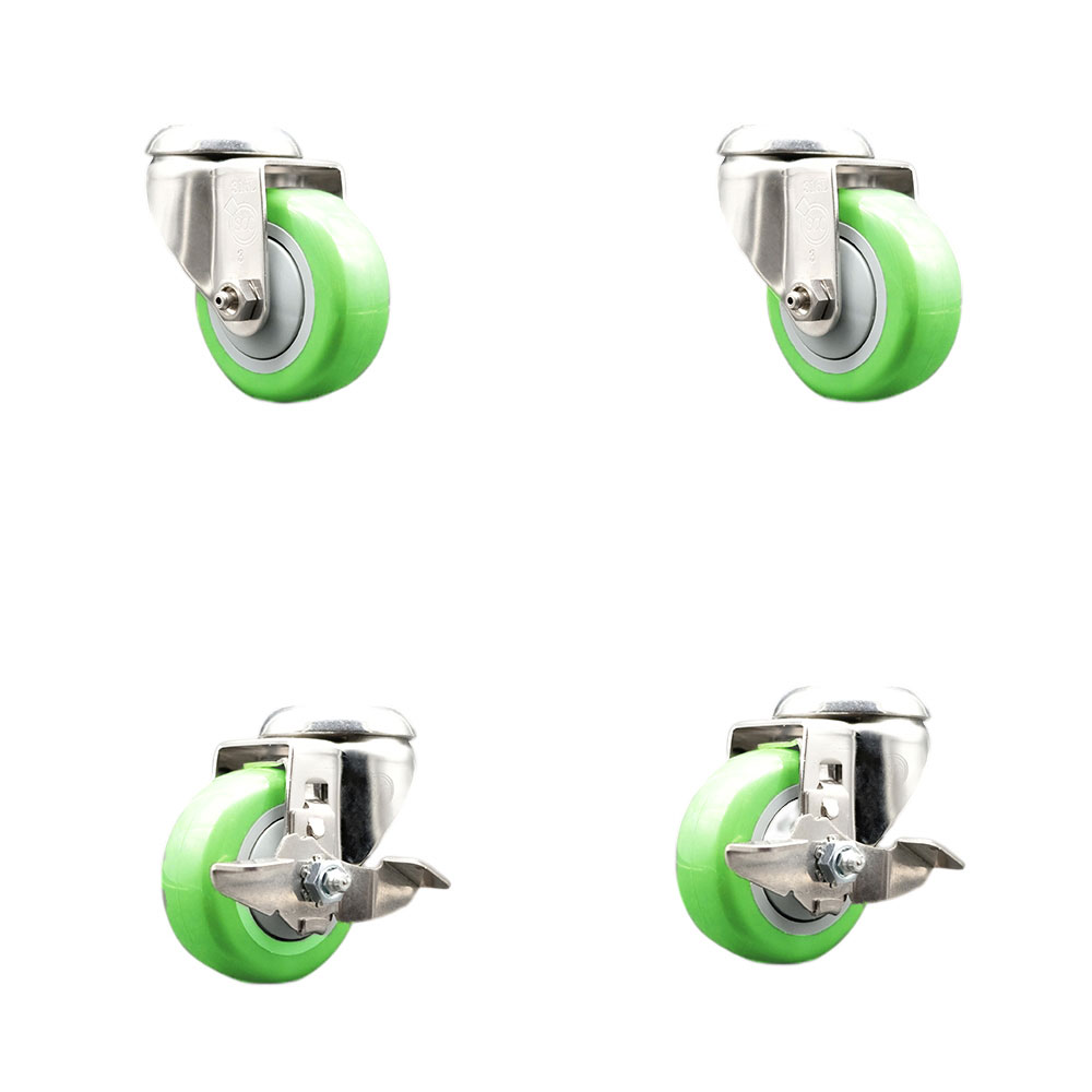Polyurethane Swivel Bolt Hole Caster Set of 4 with 3.5 Inch Green Caster Wheels - 316 Stainless Steel Casters - Includes 2 Swivel with Top Lock Brakes and 2 Swivel - Service Caster Brand — photo 1