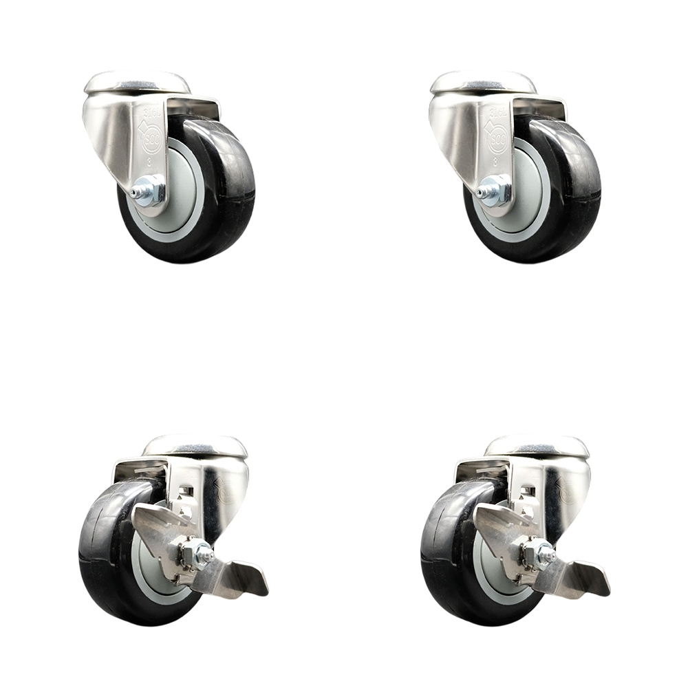 Polyurethane Swivel Bolt Hole Caster Set of 4 with 3 Inch Black Caster Wheels - 316 Stainless Steel Casters - Includes 2 Swivel with Top Lock Brakes and 2 Swivel - Service Caster Brand — photo 1