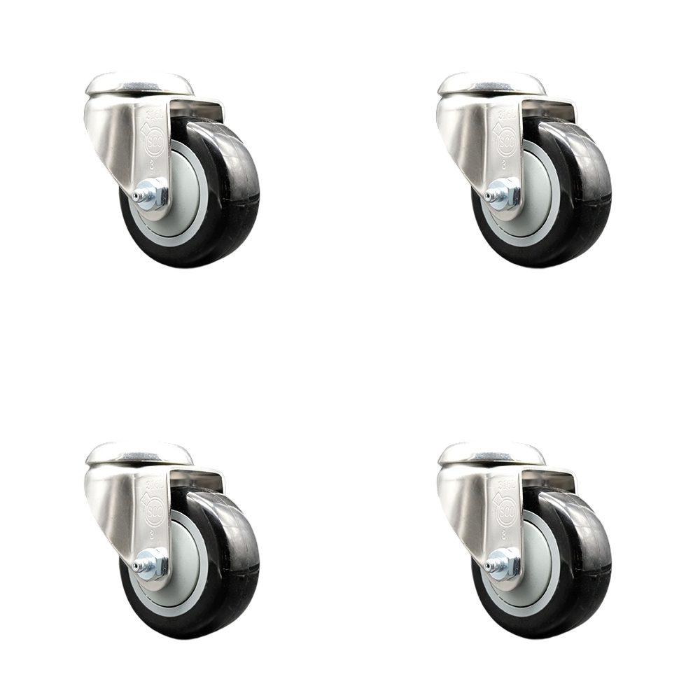 Polyurethane Swivel Bolt Hole Caster Set of 4 with 3 Inch Black Caster Wheels - 316 Stainless Steel Casters - Includes 4 Swivel Casters - 1,200 lbs. Total Capacity - Service Caster Brand — photo 1