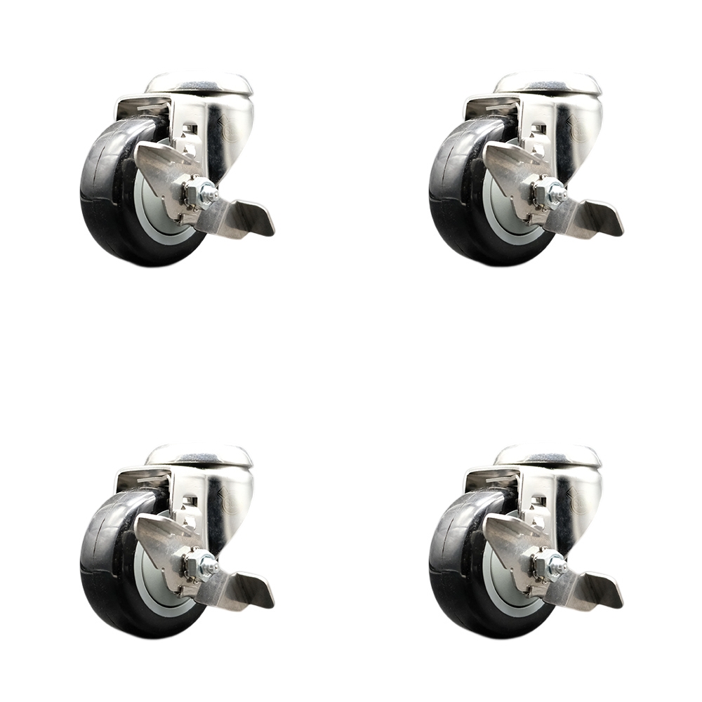 Polyurethane Swivel Bolt Hole Caster Set of 4 with 3 Inch Black Caster Wheels -316 Stainless Steel Casters-Includes 4 Swivel Casters with Top Lock Brakes-1,200 lbs. Total Capacity-Service Caster Brand — photo 1