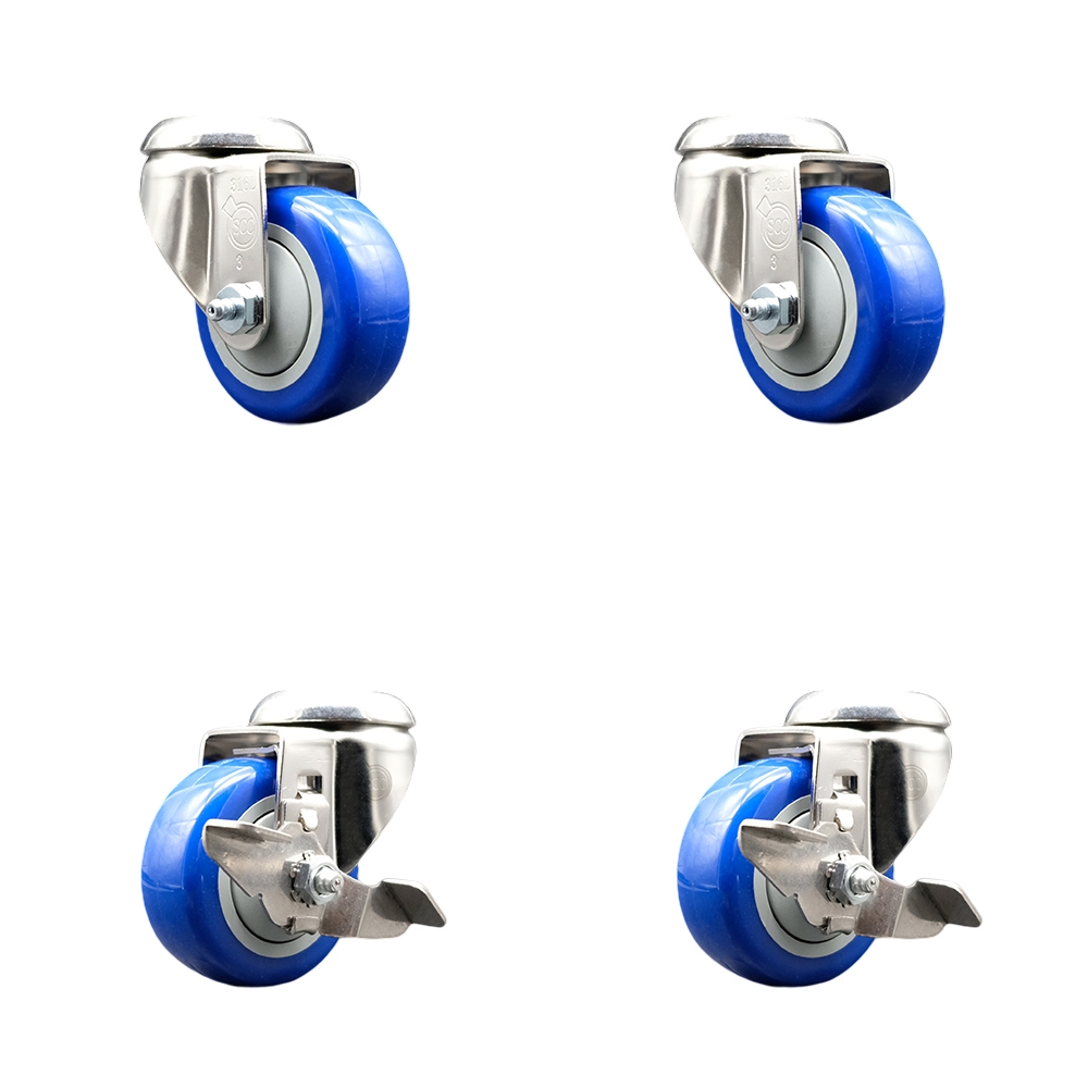 Polyurethane Swivel Bolt Hole Caster Set of 4 with 3.5 Inch Blue Caster Wheels - 316 Stainless Steel Casters - Includes 2 Swivel with Top Lock Brakes and 2 Swivel - Service Caster Brand — photo 1