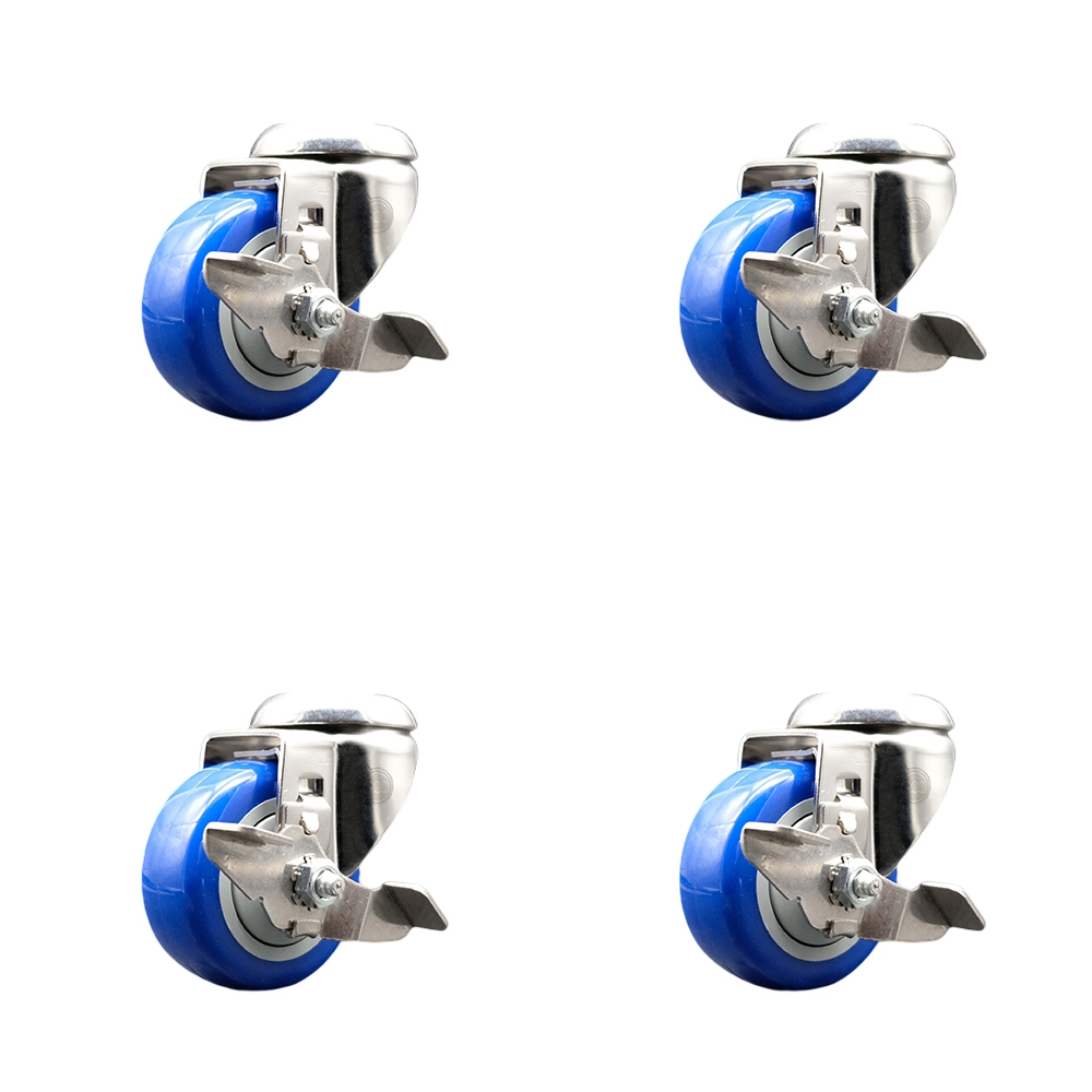 Polyurethane Swivel Bolt Hole Caster Set of 4 with 3.5 Inch Blue Caster Wheels-316 Stainless Steel Casters-Includes 4 Swivel Casters with Top Lock Brakes-1,200lbs. Total Capacity-Service Caster Brand — photo 1