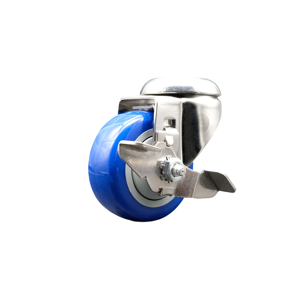 Polyurethane Swivel Bolt Hole Caster with 3.5 Inch Blue Caster Wheel and Top Lock Brake - 316 Stainless Steel Caster - 300 lbs. Capacity Per Caster - Service Caster Brand — photo 1