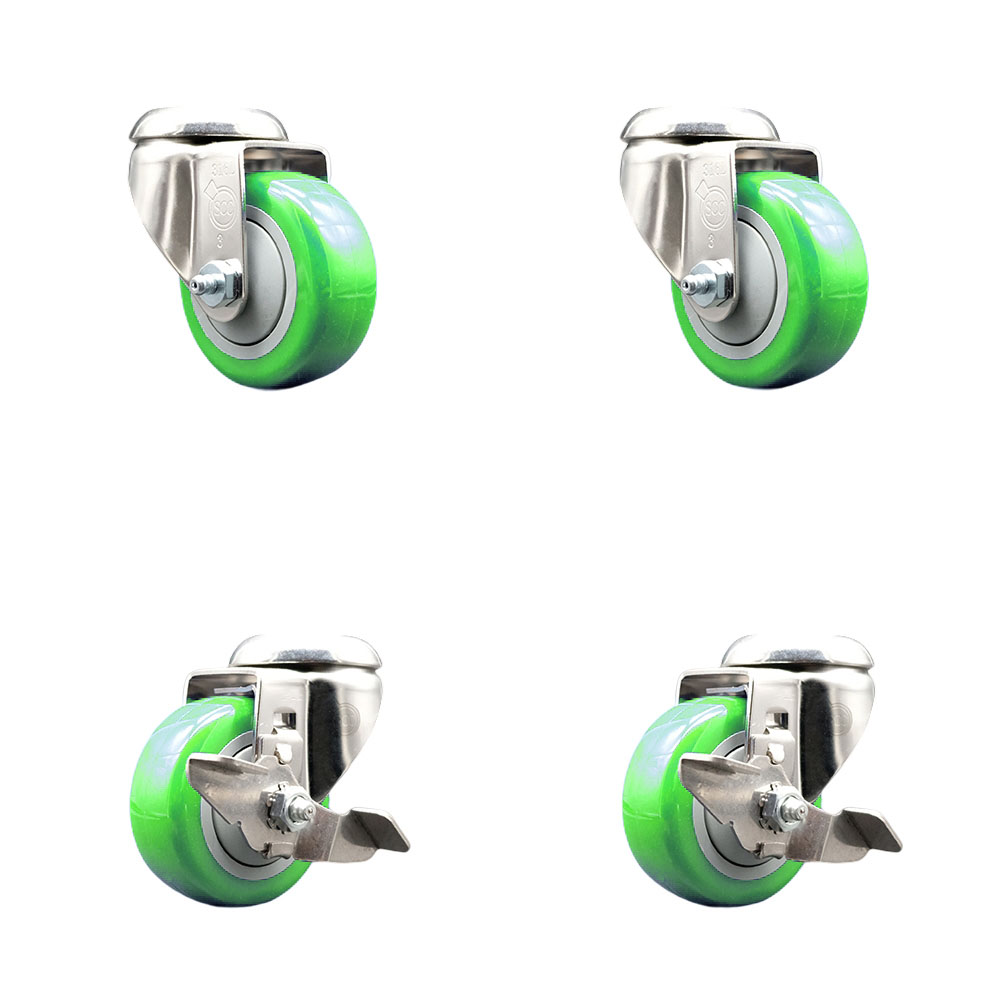 Polyurethane Swivel Bolt Hole Caster Set of 4 with 3 Inch Green Caster Wheels - 316 Stainless Steel Casters - Includes 2 Swivel with Top Lock Brakes and 2 Swivel - Service Caster Brand — photo 1