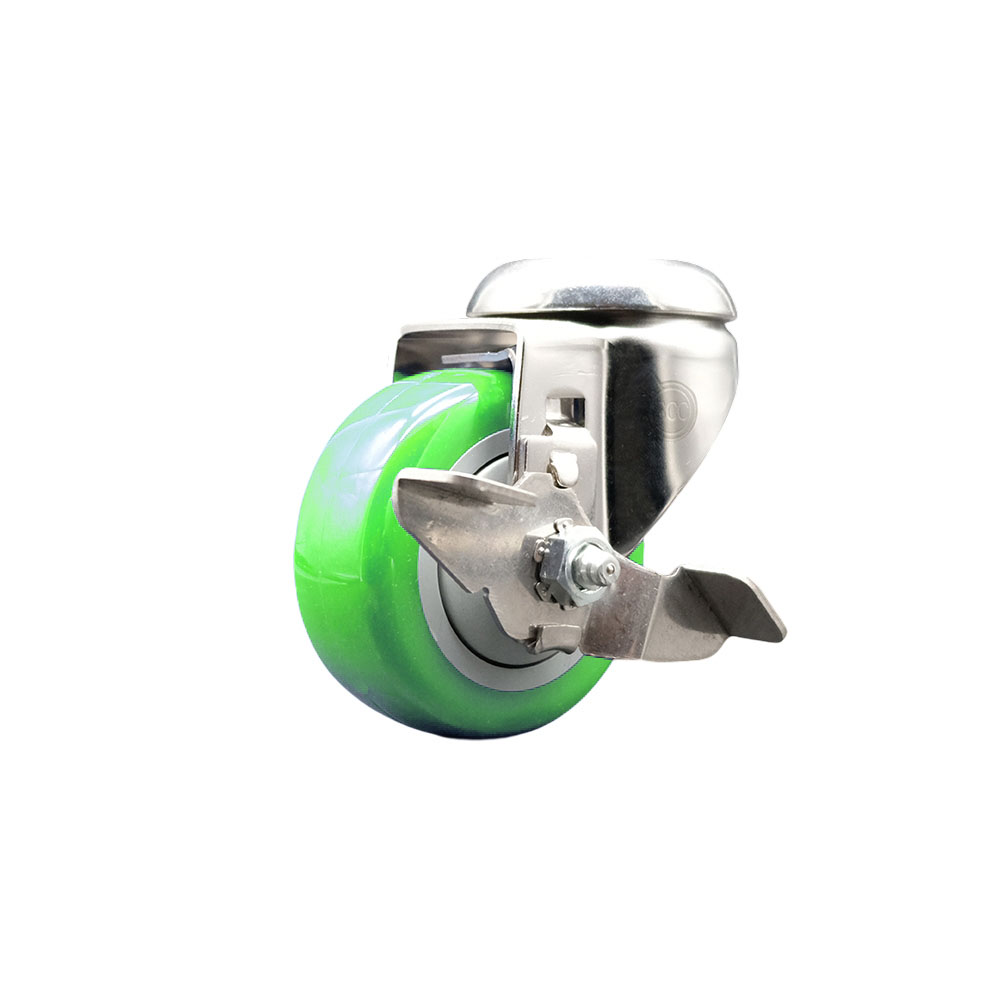Polyurethane Swivel Bolt Hole Caster with 3 Inch Green Caster Wheel and Top Lock Brake - 316 Stainless Steel Caster - 300 lbs. Capacity Per Caster - Service Caster Brand — photo 1