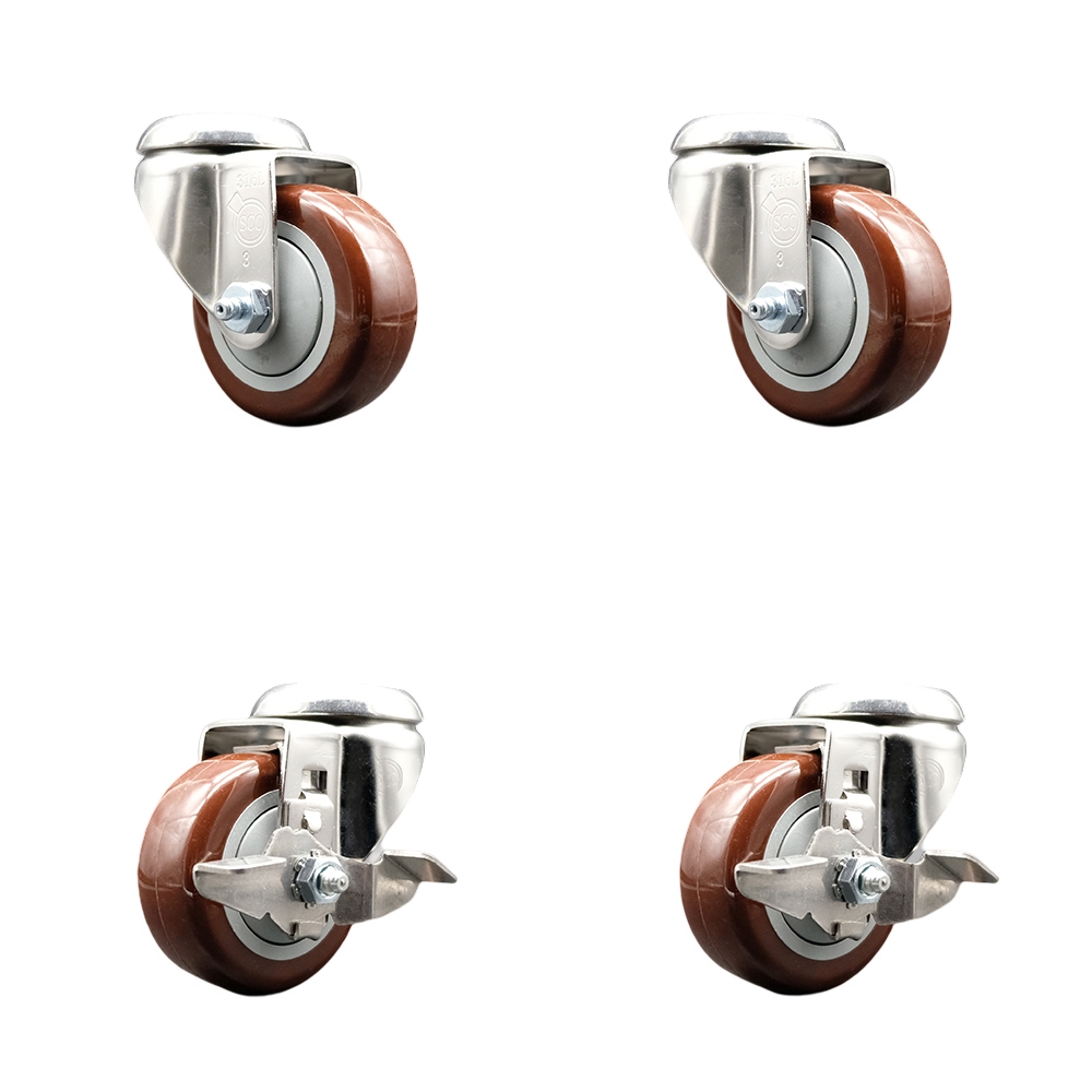Polyurethane Swivel Bolt Hole Caster Set of 4 with 3 Inch Maroon Caster Wheels - 316 Stainless Steel Casters - Includes 2 Swivel with Top Lock Brakes and 2 Swivel - Service Caster Brand — photo 1