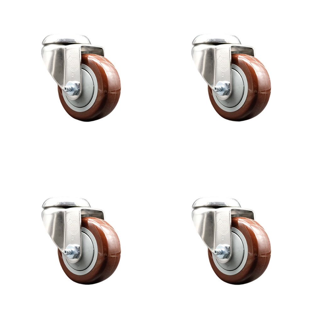 Polyurethane Swivel Bolt Hole Caster Set of 4 with 3 Inch Maroon Caster Wheels - 316 Stainless Steel Casters - Includes 4 Swivel Casters - 1,200 lbs. Total Capacity - Service Caster Brand — photo 1