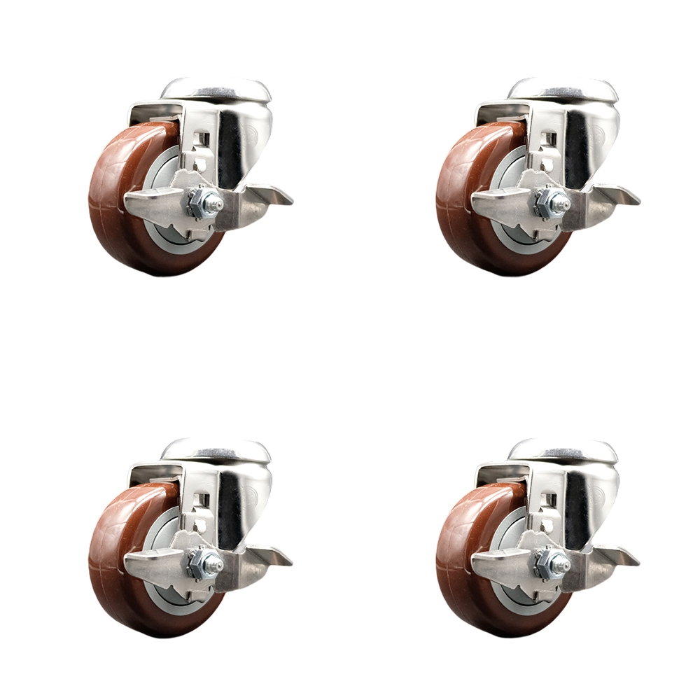 Polyurethane Swivel Bolt Hole Caster Set of 4 with 3 Inch Maroon Caster Wheels -316 Stainless Steel Casters-Includes 4 Swivel Casters with Top Lock Brakes-1,200lbs. Total Capacity-Service Caster Brand — photo 1