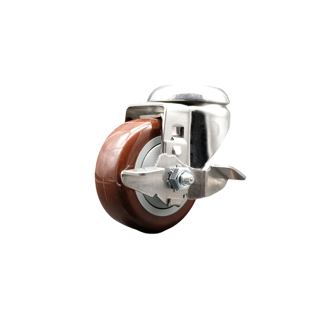 Polyurethane Swivel Bolt Hole Caster with 3.5 Inch Maroon Caster Wheel and Top Lock Brake - 316 Stainless Steel Caster - 300 lbs. Capacity Per Caster - Service Caster Brand — photo 1