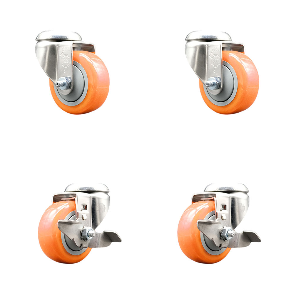 Polyurethane Swivel Bolt Hole Caster Set of 4 with 3 Inch Orange Caster Wheels - 316 Stainless Steel Casters - Includes 2 Swivel with Top Lock Brakes and 2 Swivel - Service Caster Brand — photo 1