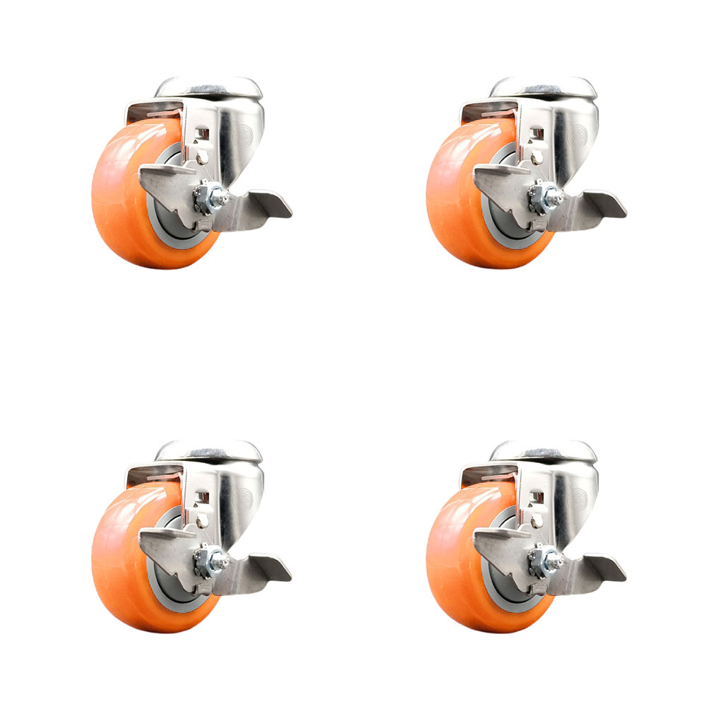 Polyurethane Swivel Bolt Hole Caster Set of 4 with 3 Inch Orange Caster Wheels -316 Stainless Steel Casters-Includes 4 Swivel Casters with Top Lock Brakes-1,200lbs. Total Capacity-Service Caster Brand — photo 1