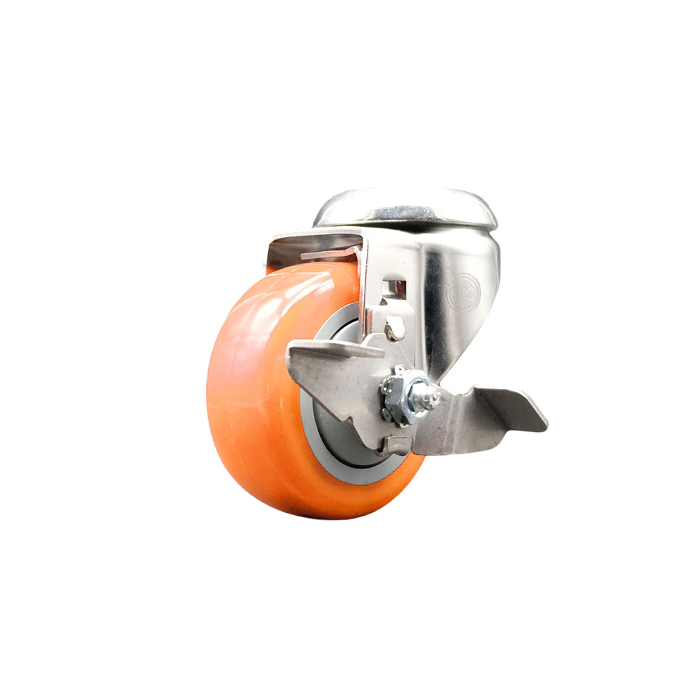 Polyurethane Swivel Bolt Hole Caster with 3 Inch Orange Caster Wheel and Top Lock Brake - 316 Stainless Steel Caster - 300 lbs. Capacity Per Caster - Service Caster Brand — photo 1