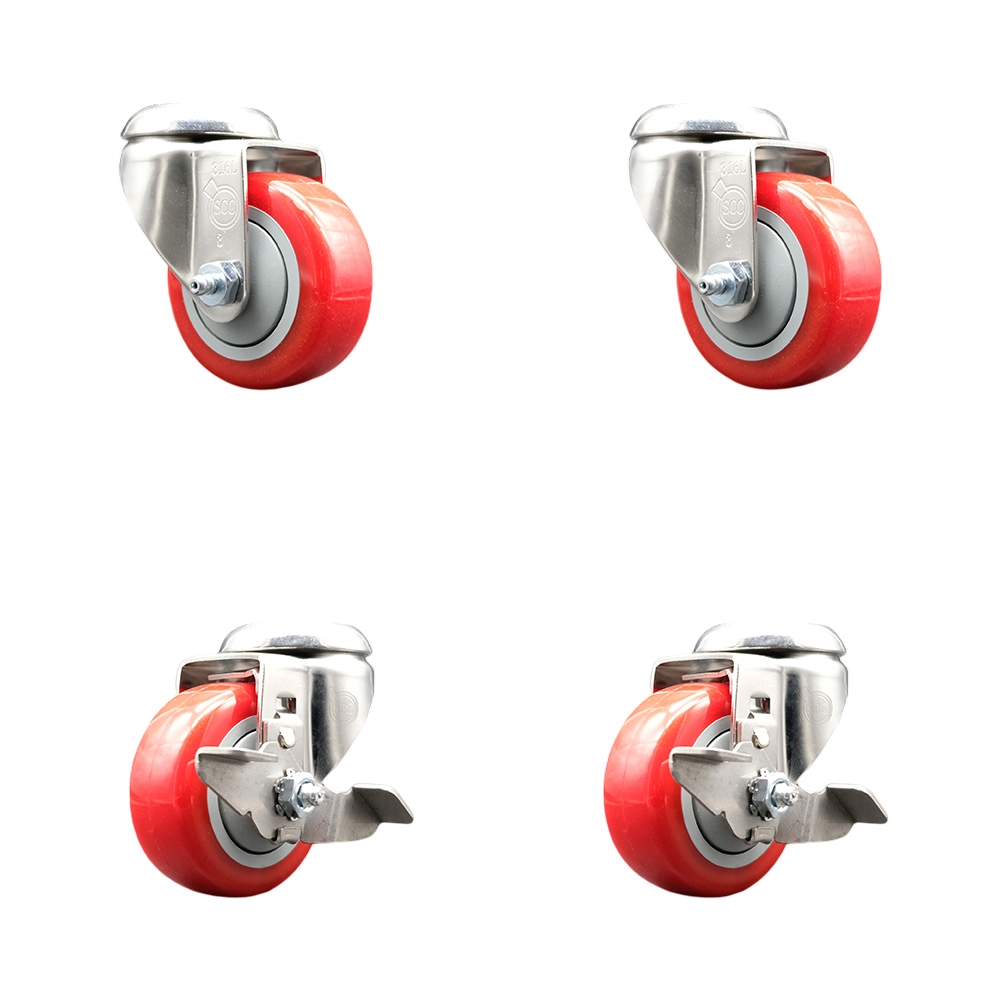 Polyurethane Swivel Bolt Hole Caster Set of 4 with 3.5 Inch Red Caster Wheels - 316 Stainless Steel Casters - Includes 2 Swivel with Top Lock Brakes and 2 Swivel - Service Caster Brand — photo 1