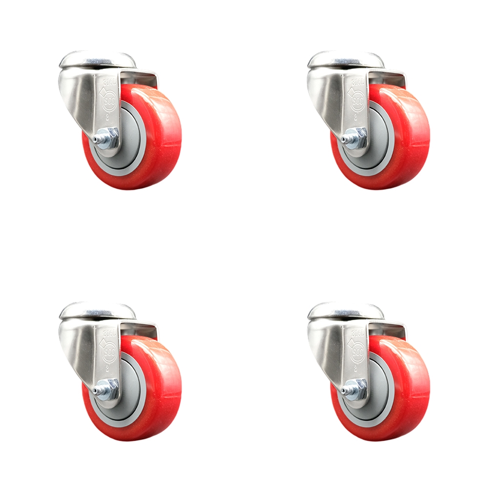 Polyurethane Swivel Bolt Hole Caster Set of 4 with 3 Inch Red Caster Wheels - 316 Stainless Steel Casters - Includes 4 Swivel Casters - 1,200 lbs. Total Capacity - Service Caster Brand — photo 1