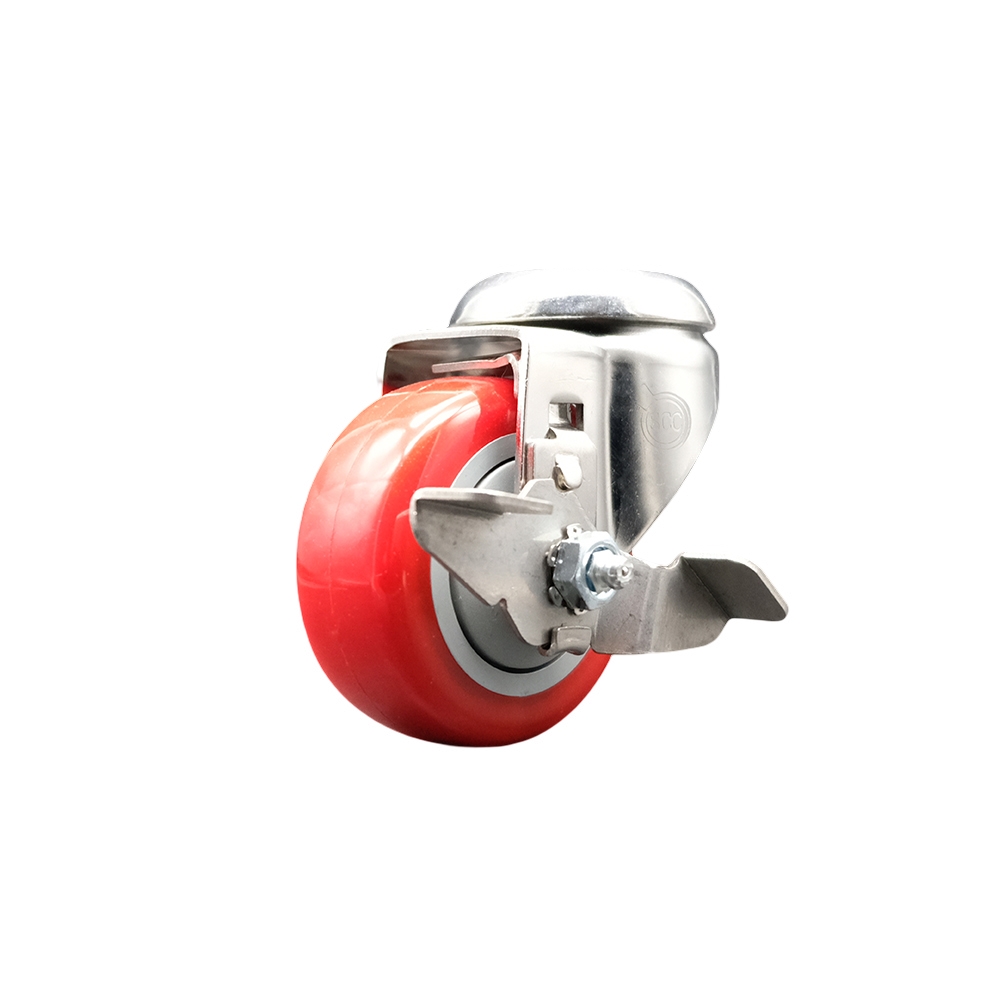 Polyurethane Swivel Bolt Hole Caster with 3 Inch Red Caster Wheel and Top Lock Brake - 316 Stainless Steel Caster - 300 lbs. Capacity Per Caster - Service Caster Brand — photo 1