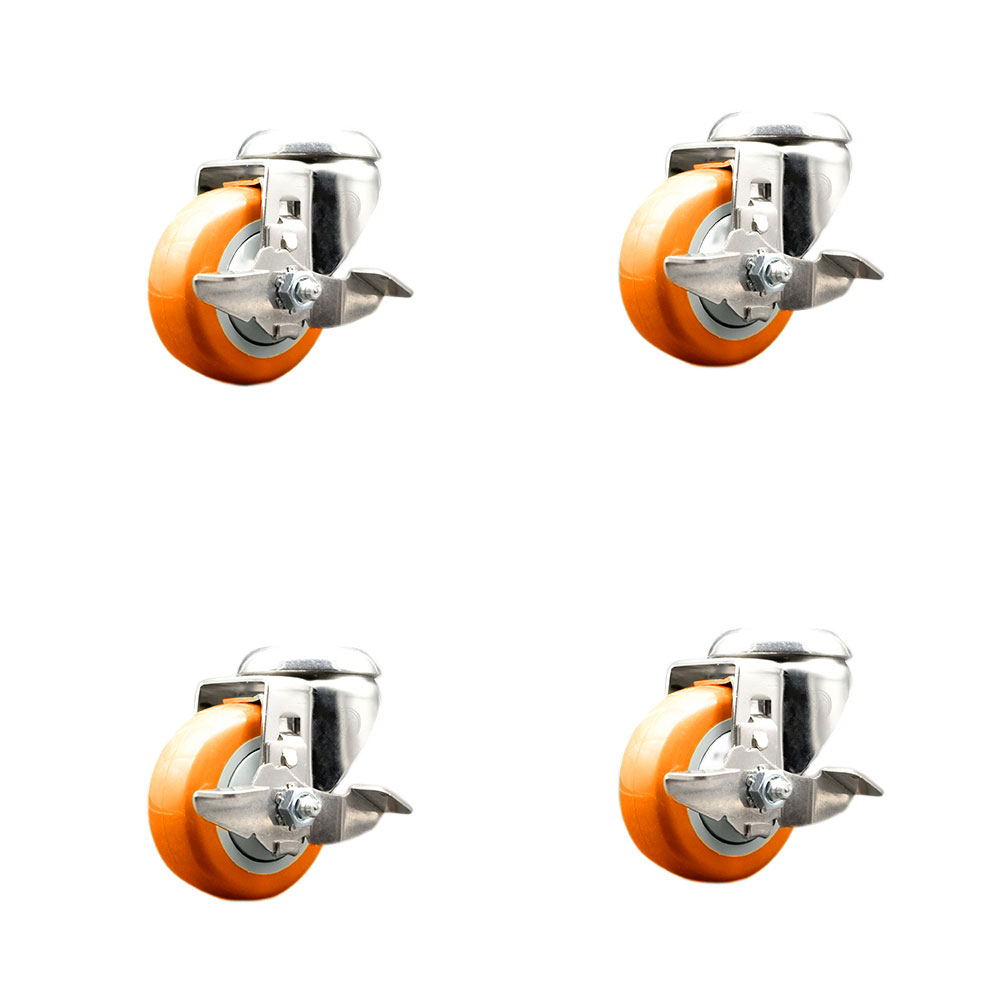 Polyurethane Swivel Bolt Hole Caster Set of 4 with 3.5 Inch Orange Caster Wheels-316 Stainless Steel Casters-Includes 4 Swivel Casters with Top Lock Brake-1,200lbs. Total Capacity-Service Caster Brand — photo 1