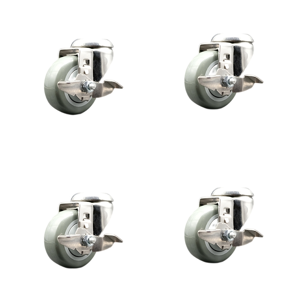 Polyurethane Swivel Bolt Hole Caster Set of 4 with 3 Inch Gray Caster Wheels -316 Stainless Steel Casters-Includes 4 Swivel Casters with Top Lock Brakes-1,200 lbs. Total Capacity-Service Caster Brand — photo 1