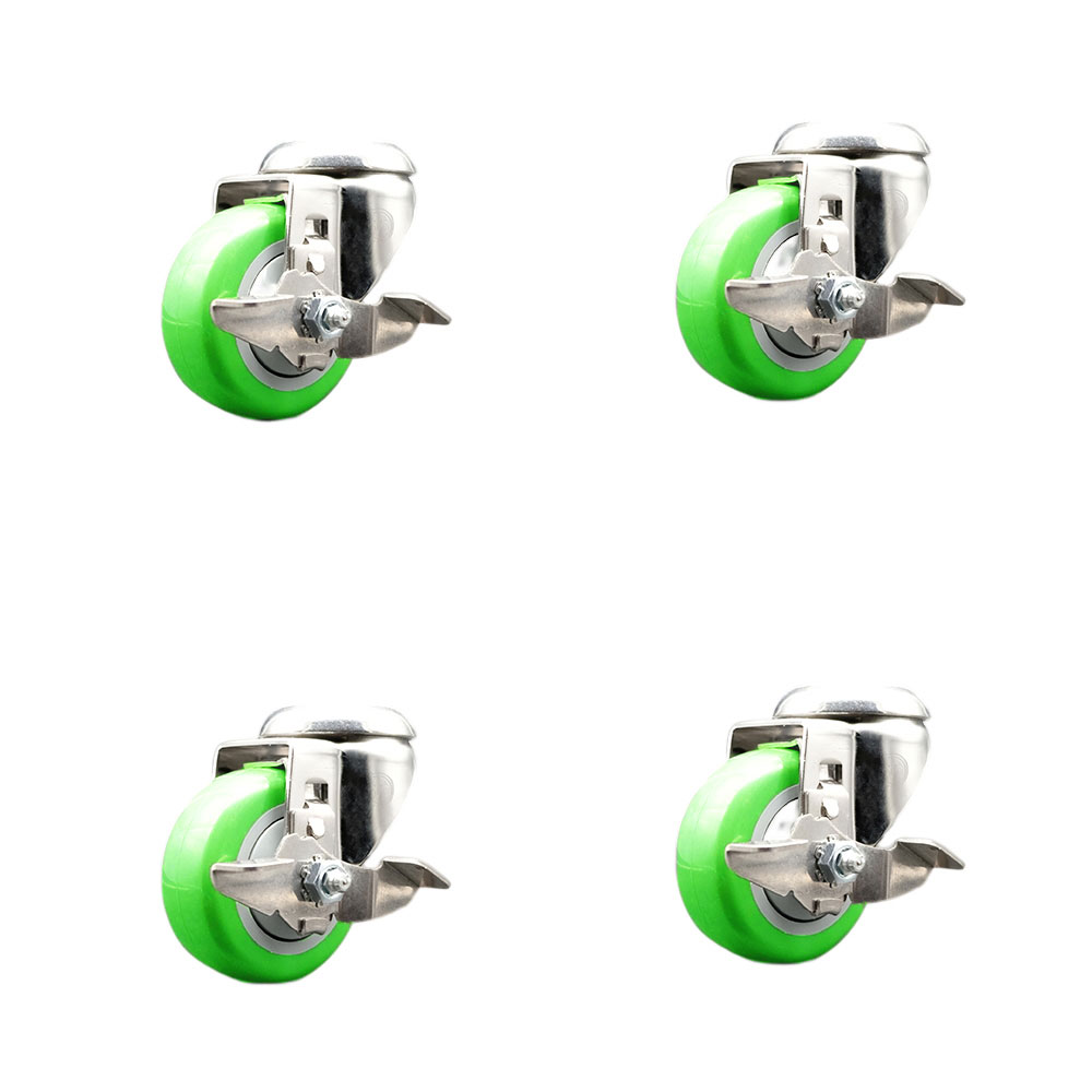 Polyurethane Swivel Bolt Hole Caster Set of 4 with 3.5 Inch Green Caster Wheels-316 Stainless Steel Casters-Includes 4 Swivel Casters with Top Lock Brakes-1,200lbs. Total Capacity-Service Caster Brand — photo 1