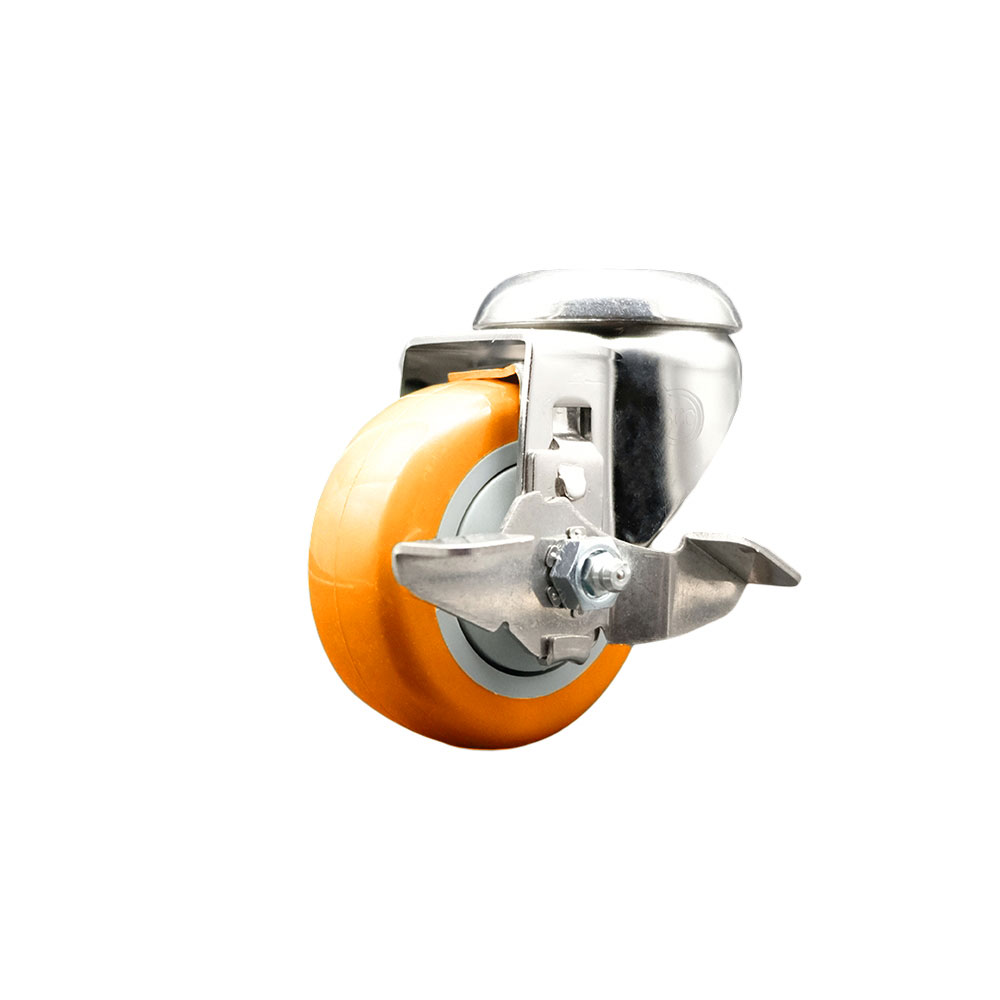 Polyurethane Swivel Bolt Hole Caster with 3.5 Inch Orange Caster Wheel and Top Lock Brake - 316 Stainless Steel Caster - 300 lbs. Capacity Per Caster - Service Caster Brand — photo 1