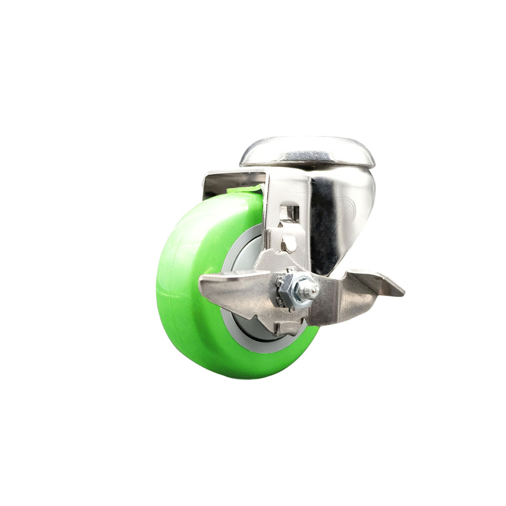 Polyurethane Swivel Bolt Hole Caster with 3.5 Inch Green Caster Wheel and Top Lock Brake - 316 Stainless Steel Caster - 300 lbs. Capacity Per Caster - Service Caster Brand — photo 1