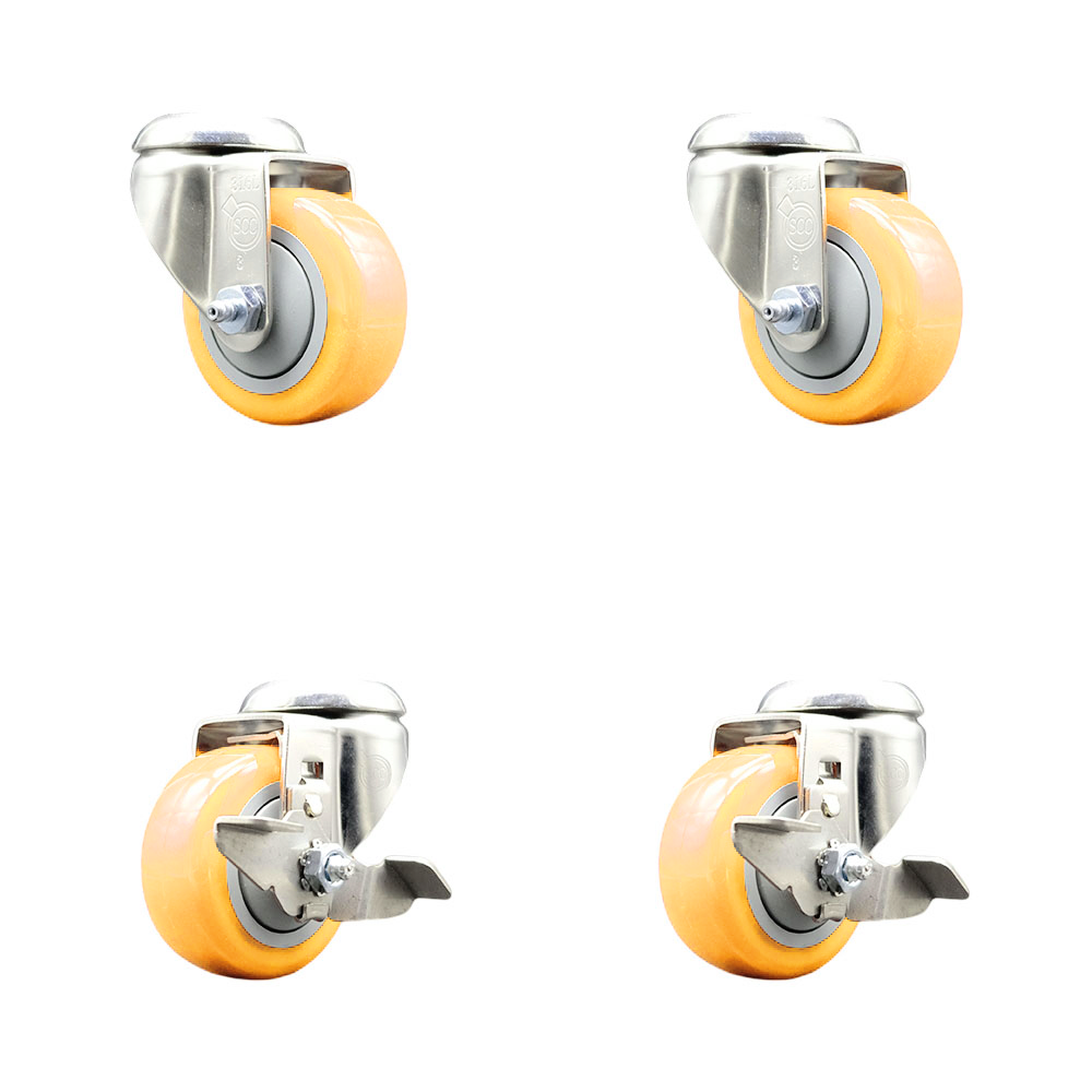 Polyurethane Swivel Bolt Hole Caster Set of 4 with 3 Inch Yellow Caster Wheels - 316 Stainless Steel Casters - Includes 2 Swivel with Top Lock Brakes and 2 Swivel - Service Caster Brand — photo 1