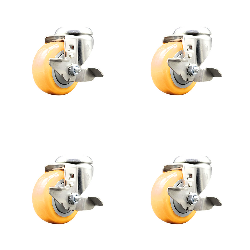 Polyurethane Swivel Bolt Hole Caster Set of 4 with 3 Inch Yellow Caster Wheels -316 Stainless Steel Casters-Includes 4 Swivel Casters with Top Lock Brakes-1,200lbs. Total Capacity-Service Caster Brand — photo 1