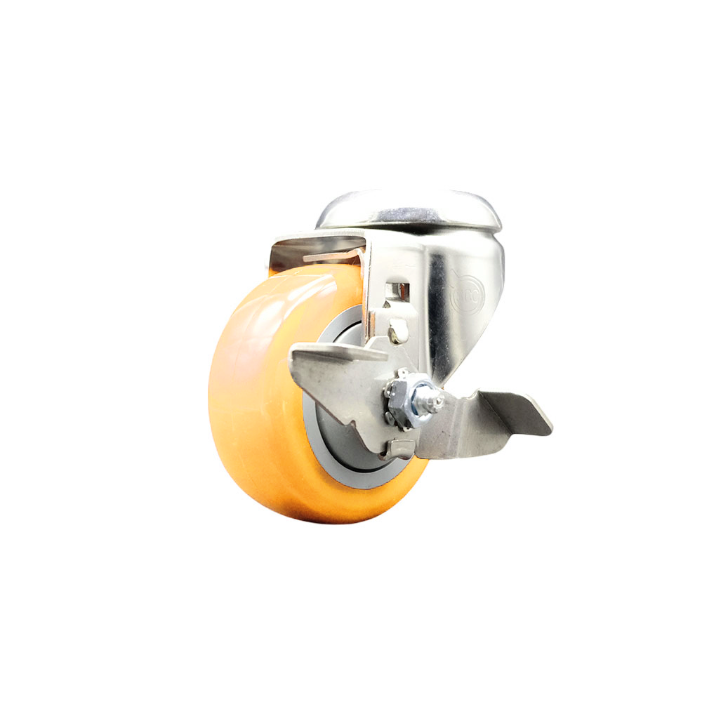 Polyurethane Swivel Bolt Hole Caster with 3 Inch Yellow Caster Wheel and Top Lock Brake - 316 Stainless Steel Caster - 300 lbs. Capacity Per Caster - Service Caster Brand — photo 1