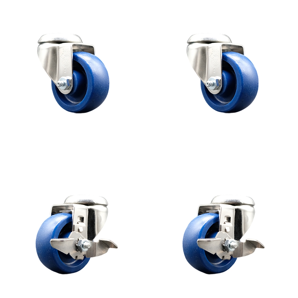 Solid Polyurethane Swivel Bolt Hole Caster Set of 4 with 3.5 Inch Blue Caster Wheels - 316 Stainless Steel Casters - Includes 2 Swivel with Top Lock Brakes and 2 Swivel - Service Caster Brand — photo 1