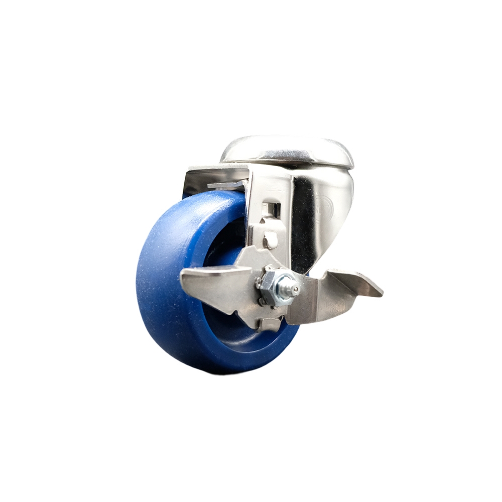 Solid Polyurethane Swivel Bolt Hole Caster with 3.5 Inch Blue Caster Wheel and Top Lock Brake - 316 Stainless Steel Caster - 300 lbs. Capacity Per Caster - Service Caster Brand — photo 1