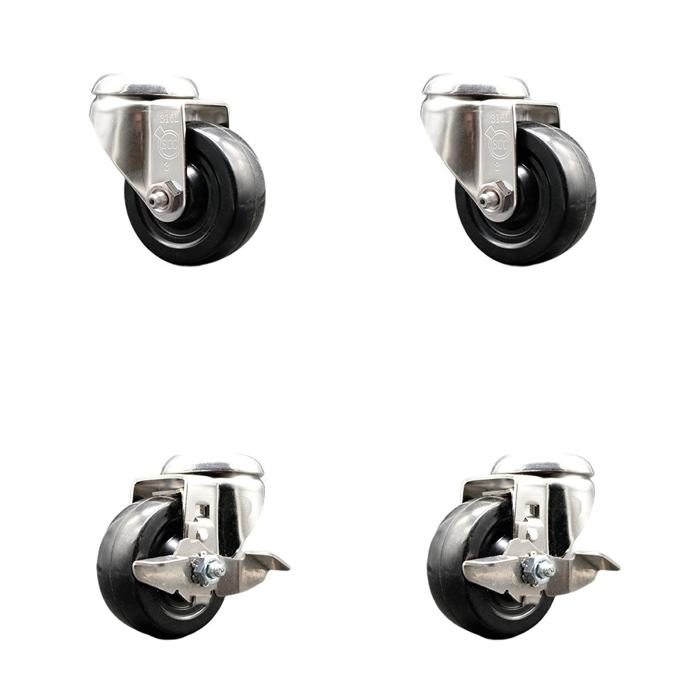 Soft Rubber Swivel Bolt Hole Caster Set of 4 with 3 Inch Black Caster Wheels - 316 Stainless Steel Casters - Includes 2 Swivel with Top Lock Brakes and 2 Swivel - Service Caster Brand — photo 1