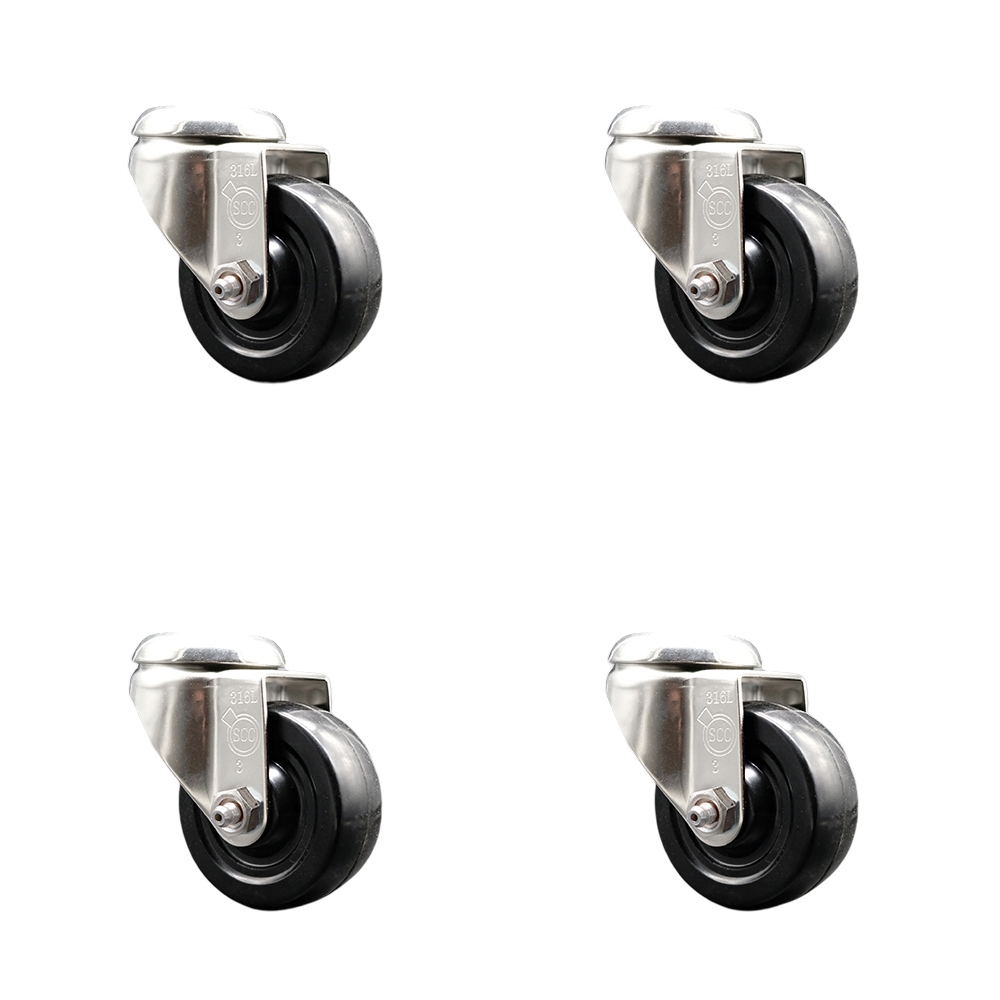 Soft Rubber Swivel Bolt Hole Caster Set of 4 with 3 Inch Black Caster Wheels - 316 Stainless Steel Casters - Includes 4 Swivel Casters - 700 lbs. Total Capacity - Service Caster Brand — photo 1