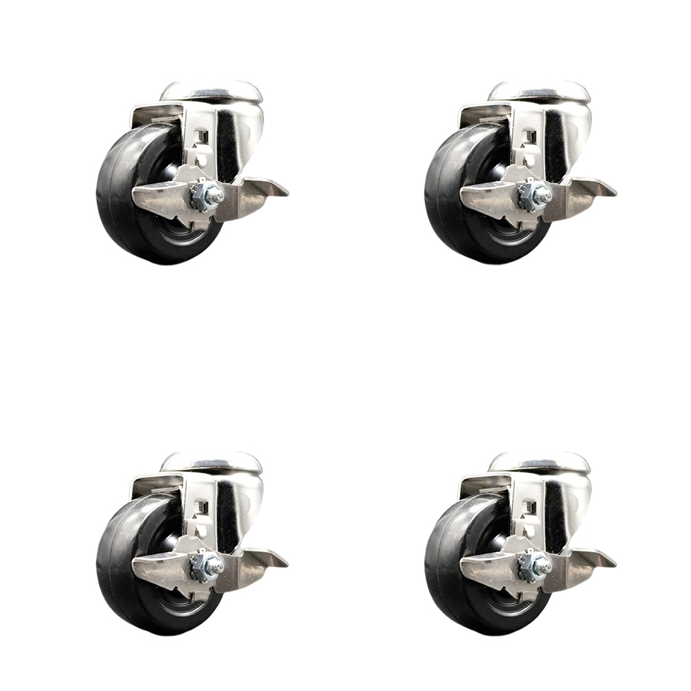 Soft Rubber Swivel Bolt Hole Caster Set of 4 with 3.5 Inch Black Caster Wheels -316 Stainless Steel Casters-Includes 4 Swivel Casters with Top Lock Brakes-800lbs. Total Capacity - Service Caster Brand — photo 1