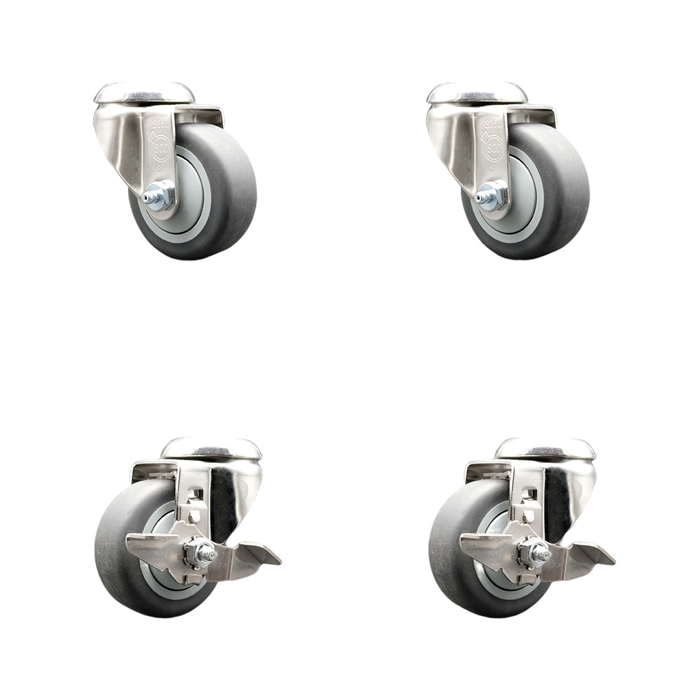 Thermoplastic Rubber Swivel Bolt Hole Caster Set of 4 with 3 Inch Gray Caster Wheels - 316 Stainless Steel Casters - Includes 2 Swivel with Top Lock Brakes and 2 Swivel - Service Caster Brand — photo 1