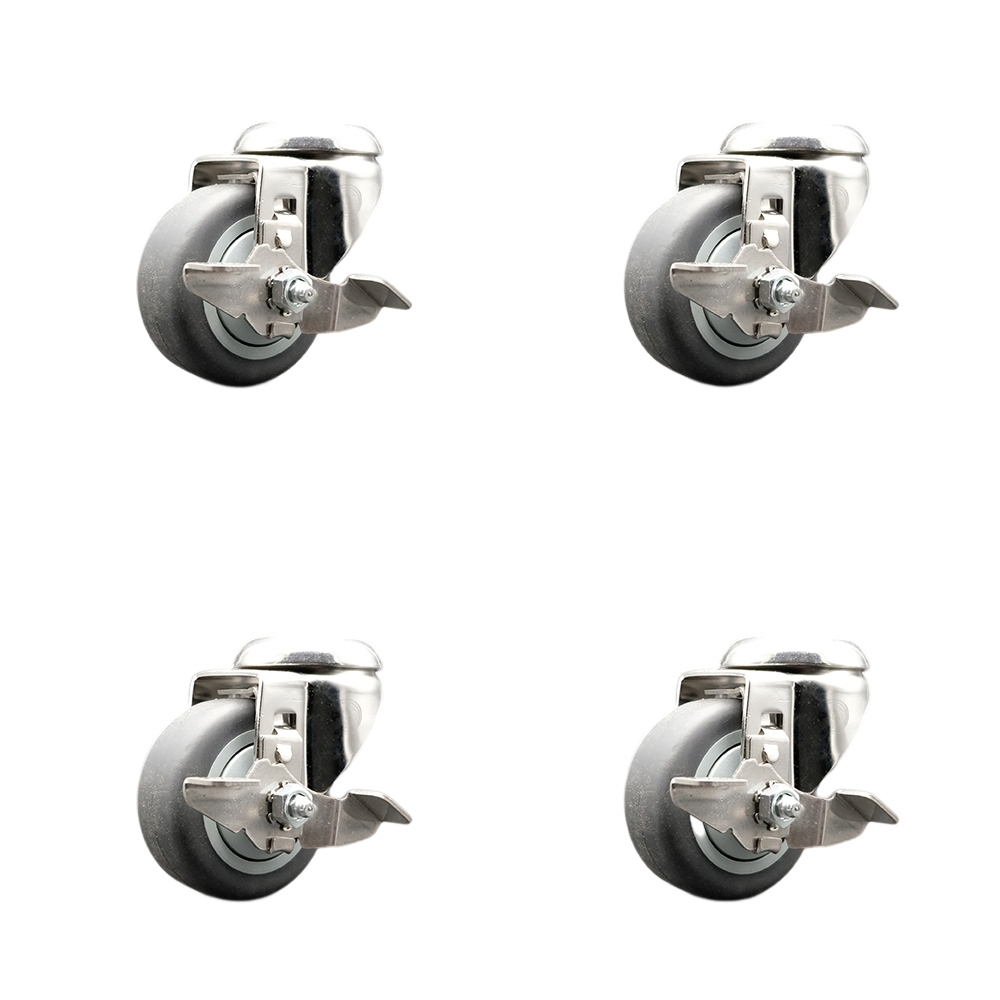 Thermoplastic Rubber Swivel Bolt Hole Caster Set of 4 with 3 Inch Gray Caster Wheels-316 Stainless Steel Caster-Include 4 Swivel Casters with Top Lock Brake-840lbs. Total Capacity-Service Caster Brand — photo 1