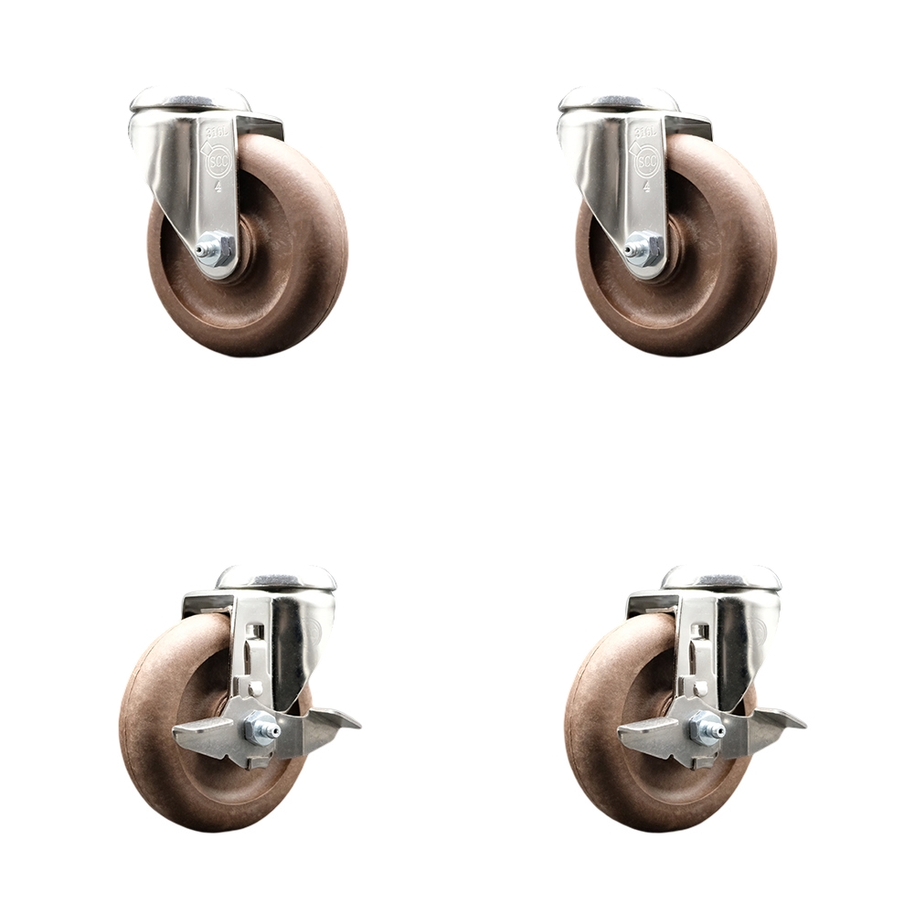 High Temp Glass Filled Nylon Swivel Bolt Hole Caster Set of 4 with 4 Inch Brown Caster Wheels - 316 Stainless Steel Casters - Includes 2 Swivel with Top Lock Brakes and 2 Swivel - Service Caster Brand — photo 1