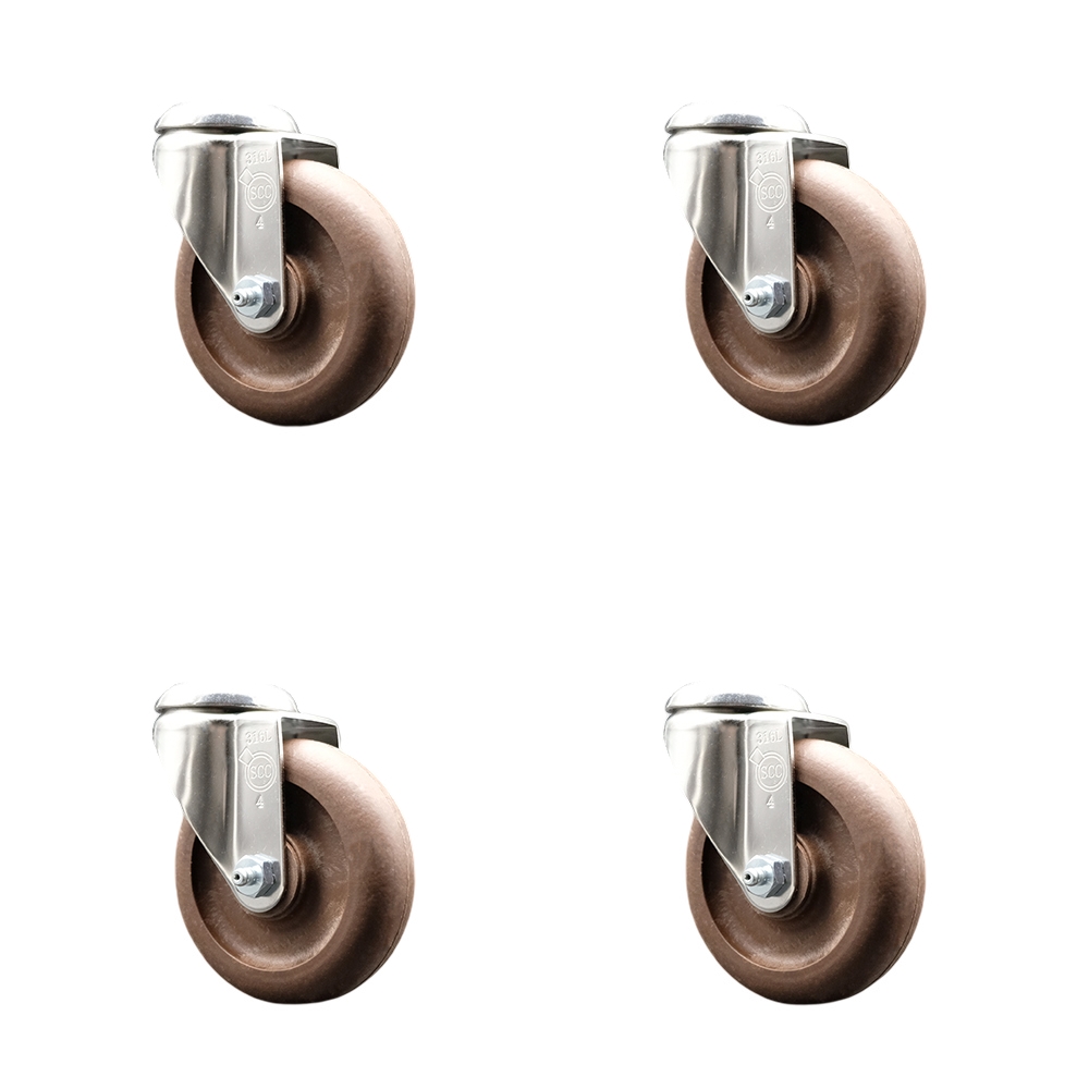 High Temp Glass Filled Nylon Swivel Bolt Hole Caster Set of 4 with 4 Inch Brown Caster Wheels - 316 Stainless Steel Casters - Includes 4 Swivel Casters - 1,400 lbs. Total Capacity-Service Caster Brand — photo 1