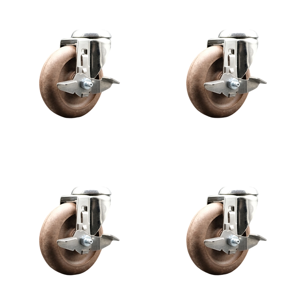 High Temp Glass Filled Nylon Swivel Bolt Hole Caster Set of 4 with 4 Inch Brown Caster Wheels - 316 Stainless Steel Casters - Includes 4 Swivel Casters with Top Lock Brakes - Service Caster Brand — photo 1