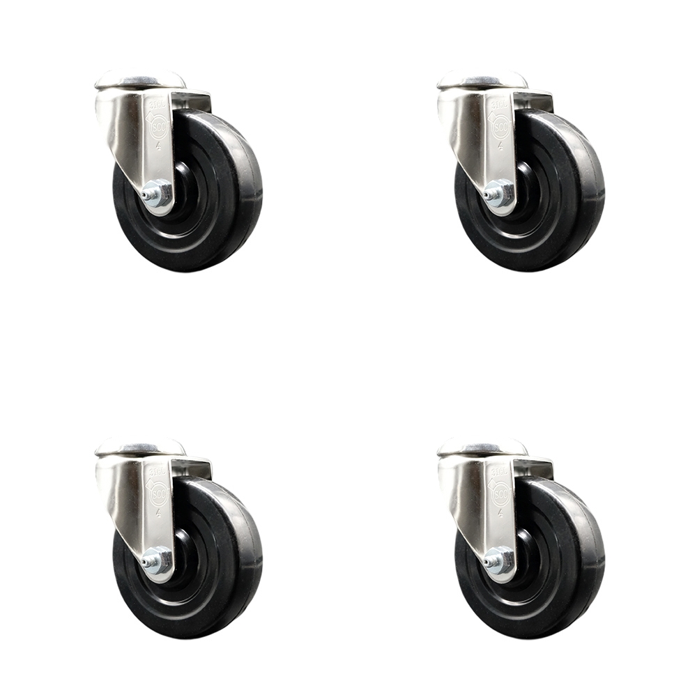Hard Rubber Swivel Bolt Hole Caster Set of 4 with 4 Inch Black Caster Wheels - 316 Stainless Steel Casters - Includes 4 Swivel Casters - 1,200 lbs. Total Capacity - Service Caster Brand — photo 1