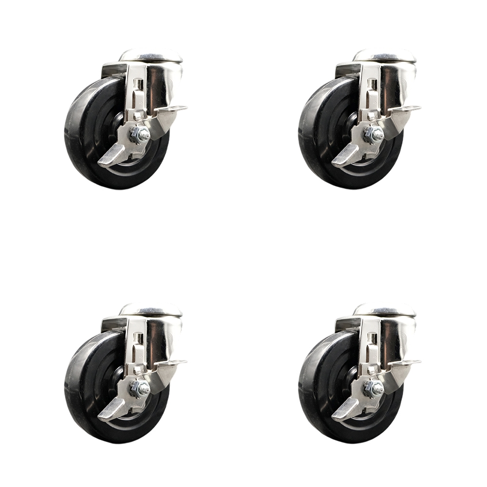Hard Rubber Swivel Bolt Hole Caster Set of 4 with 4 Inch Black Caster Wheels - 316 Stainless Steel Casters-Includes 4 Swivel Casters with Top Lock Brakes-1,200 lbs. Total Capacity-Service Caster Brand — photo 1