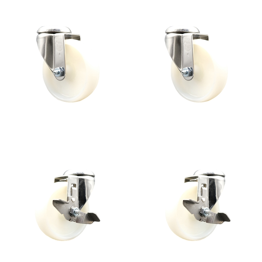 Nylon Swivel Bolt Hole Caster Set of 4 with 4 Inch White Caster Wheels - 316 Stainless Steel Casters - Includes 2 Swivel with Top Lock Brakes and 2 Swivel - Service Caster Brand — photo 1