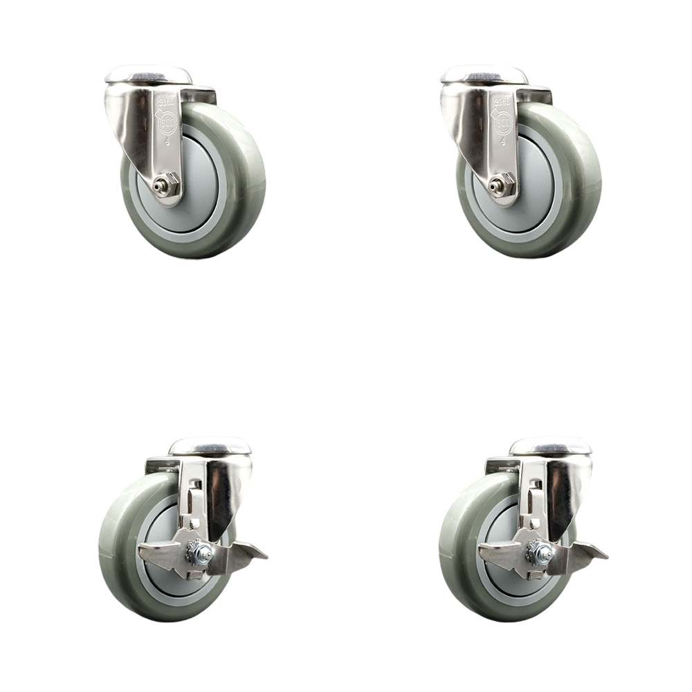 Polyurethane Swivel Bolt Hole Caster Set of 4 with 4 Inch Gray Caster Wheels - 316 Stainless Steel Casters - Includes 2 Swivel with Top Lock Brakes and 2 Swivel - Service Caster Brand — photo 1