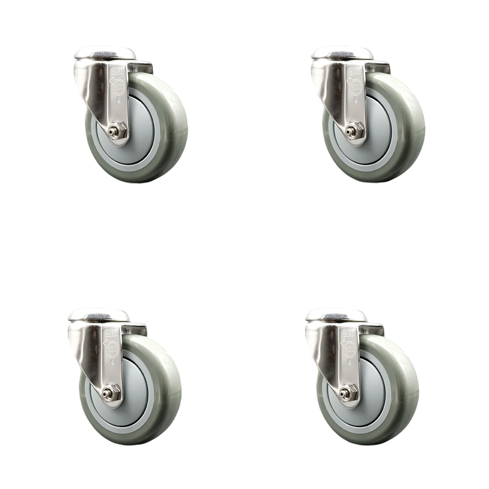 Polyurethane Swivel Bolt Hole Caster Set of 4 with 4 Inch Gray Caster Wheels - 316 Stainless Steel Casters - Includes 4 Swivel Casters - 1,400 lbs. Total Capacity - Service Caster Brand — photo 1