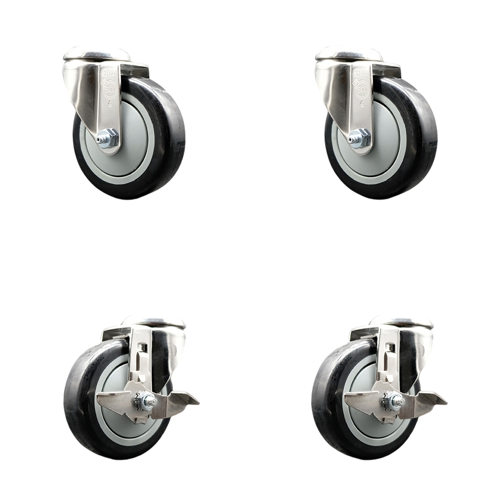 Polyurethane Swivel Bolt Hole Caster Set of 4 with 4 Inch Black Caster Wheels - 316 Stainless Steel Casters - Includes 2 Swivel with Top Lock Brakes and 2 Swivel - Service Caster Brand — photo 1