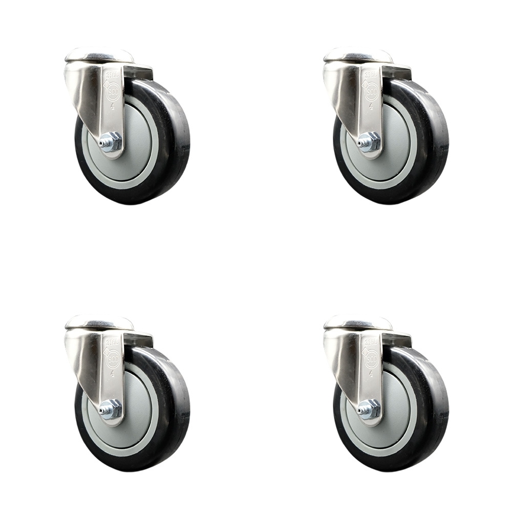 Polyurethane Swivel Bolt Hole Caster Set of 4 with 4 Inch Black Caster Wheels - 316 Stainless Steel Casters - Includes 4 Swivel Casters - 1,400 lbs. Total Capacity - Service Caster Brand — photo 1