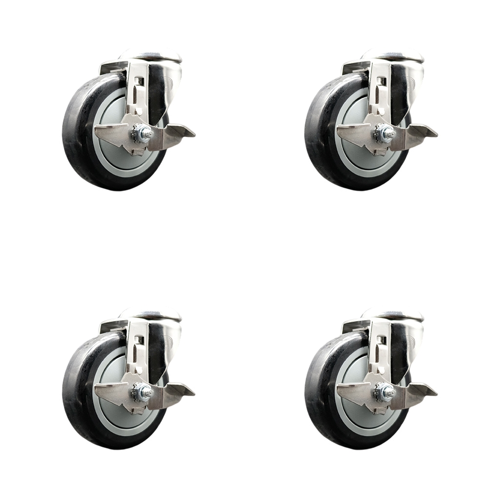 Polyurethane Swivel Bolt Hole Caster Set of 4 with 4 Inch Black Caster Wheels -316 Stainless Steel Casters-Includes 4 Swivel Casters with Top Lock Brakes-1,400 lbs. Total Capacity-Service Caster Brand — photo 1