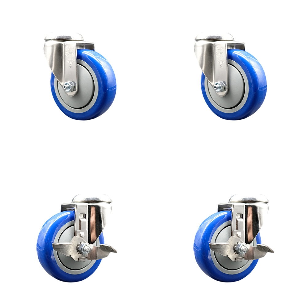 Polyurethane Swivel Bolt Hole Caster Set of 4 with 4 Inch Blue Caster Wheels - 316 Stainless Steel Casters - Includes 2 Swivel with Top Lock Brakes and 2 Swivel - Service Caster Brand — photo 1