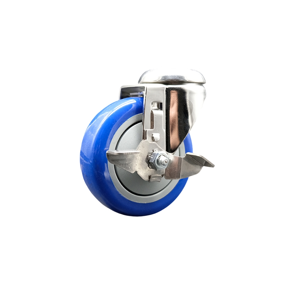 Polyurethane Swivel Bolt Hole Caster with 4 Inch Blue Caster Wheel and Top Lock Brake - 316 Stainless Steel Caster - 350 lbs. Capacity Per Caster - Service Caster Brand — photo 1