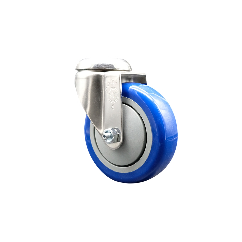 Polyurethane Swivel Bolt Hole Caster with 4 Inch Blue Caster Wheel - 316 Stainless Steel Caster - 350 lbs. Capacity Per Caster - Service Caster Brand — photo 1