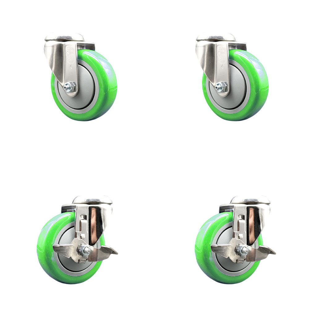 Polyurethane Swivel Bolt Hole Caster Set of 4 with 4 Inch Green Caster Wheels - 316 Stainless Steel Casters - Includes 2 Swivel with Top Lock Brakes and 2 Swivel - Service Caster Brand — photo 1