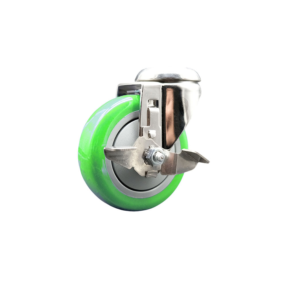 Polyurethane Swivel Bolt Hole Caster with 4 Inch Green Caster Wheel and Top Lock Brake - 316 Stainless Steel Caster - 350 lbs. Capacity Per Caster - Service Caster Brand — photo 1